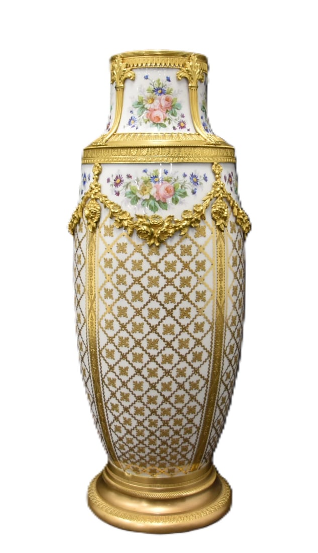 LARGE SEVRES ORMOLU MOUNTED VASE: LARGE SEVRES PORCELAIN VASE WITH BRONZE ORMOLU MOUNTS HAVING ROSE GARLANDS & GOLD CROSS HATCH DESIGNS WTH HAND PAINTED FLORAL BOUQUETS - 6" x 17"
