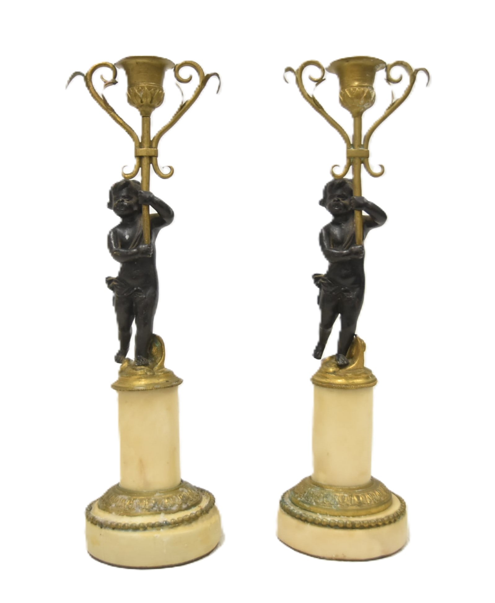 (Pr) 2-TONE BRONZE CHERUB CANDELABRAS: (Pr) 2-TONE BRONZE CHERUB DOUBLE CANDLESTICKS - 3 1/2' x 12 1/2"