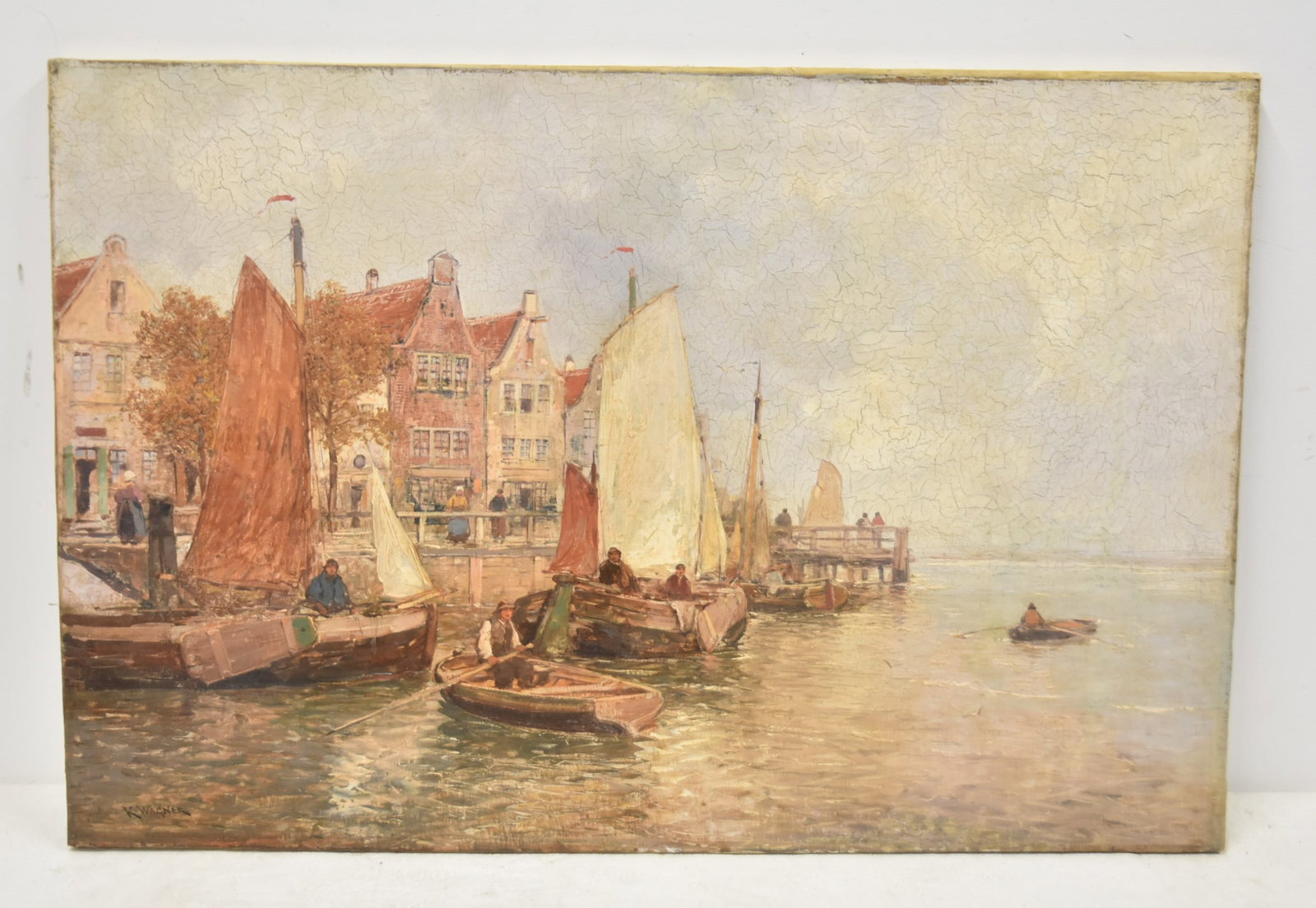 KARL WAGNER , OIL ON CANVAS BOATS AT HARBOR (1 of 15)