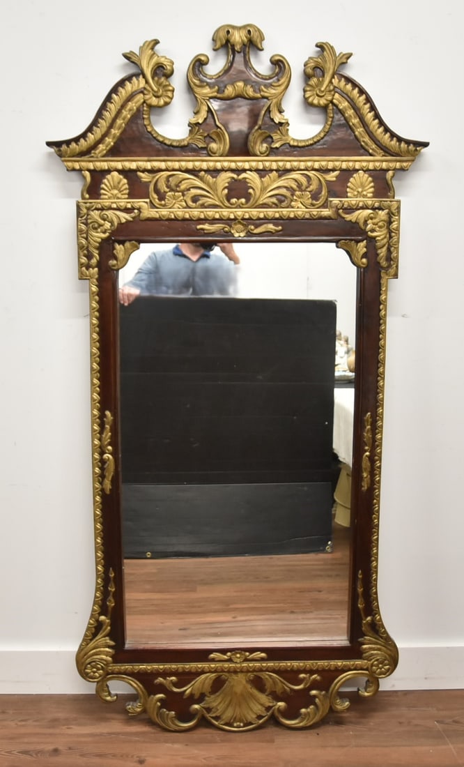 LARGE REGENCE STYLE CARVED WOOD MIRROR: 2-TONE REGENCE STYLE CARVED WOOD MIRROR - 36" x 68"