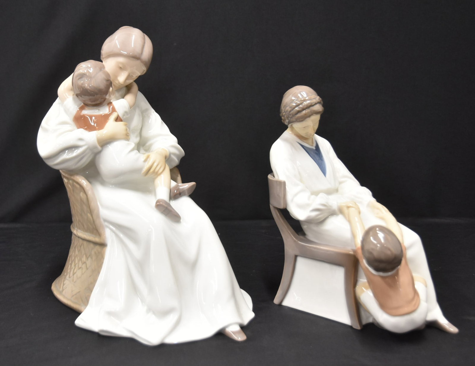 (2) B & G COPENHAGEN FIGURINES: BING & GRONDHAL COPENHAGEN # 1552 "MOTHER'S LOVE" LARGE PORCELAIN FIGURINE 9 1/2' x 8 1/2" x 11 1/4" / BING & GRONDAHL # 1642 "DICKIE'S MAMA" 4" x 7" x 9" (HAS CHIP OFF BACK BOTTOM CORNER)