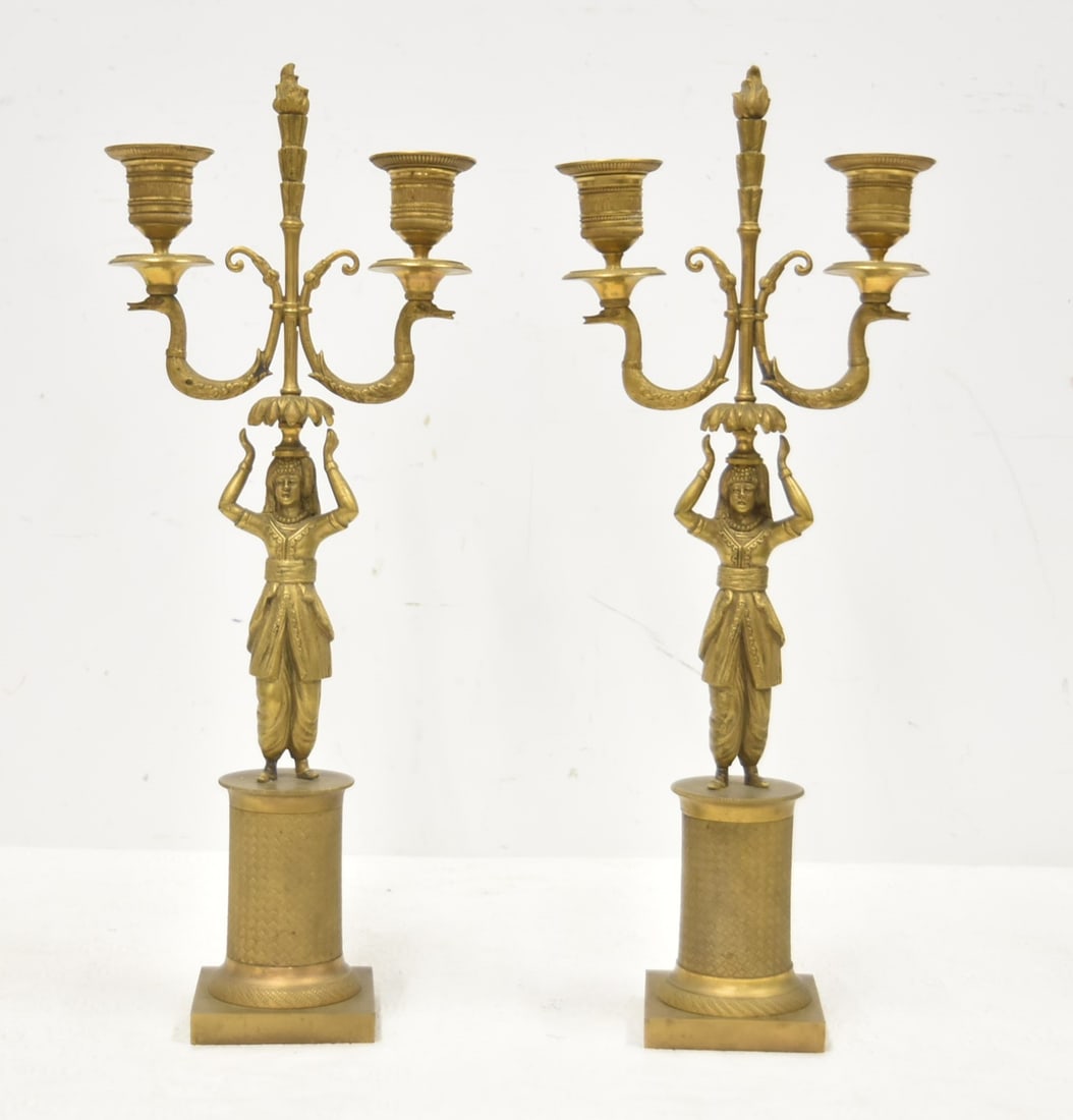 (Pr) FRENCH EMPIRE FIGURAL BRONZE CANDELABRAS: PAIR FRENCH EMPIRE FIGURES HOLDING DOUBLE CANDLESTICKS - 6" x 3" x 15 1/2"