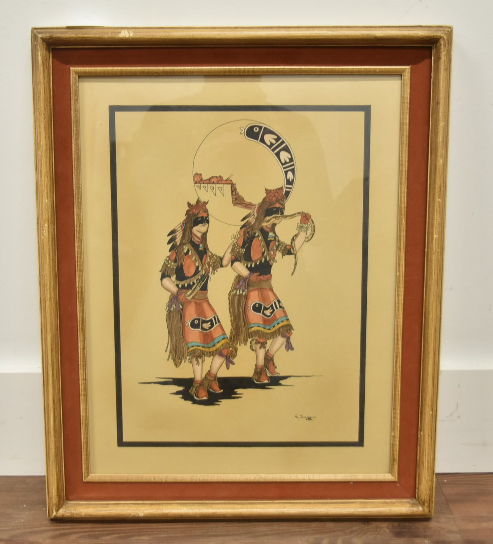 EDGAR SUMATZKUKU GOUACHE & INK ON PAPER: EDGAR SUMATZKUKU (HOPI, 20thC) GOUACHE & INK ON PAPER CEREMONIDAL DANCERS , SIGNED E SUMATZKUKU - IMAGE SIZE IS 13 1/2" x 17 1/2" ; OVERALL IS 17 1/2" x 21 1/2"