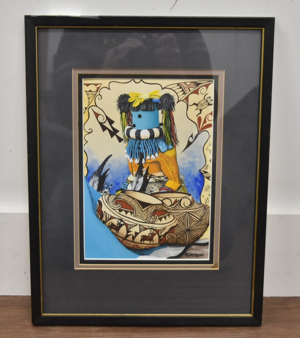 RONNIE CACHINI , WATERCOLOR OF KACHINA: RONNIE CACHINI , WATERCOLOR KACHINA WITH POTTERY , SIGNED CACHINI - 7" x 10" ; 13" x 17" OVERALL