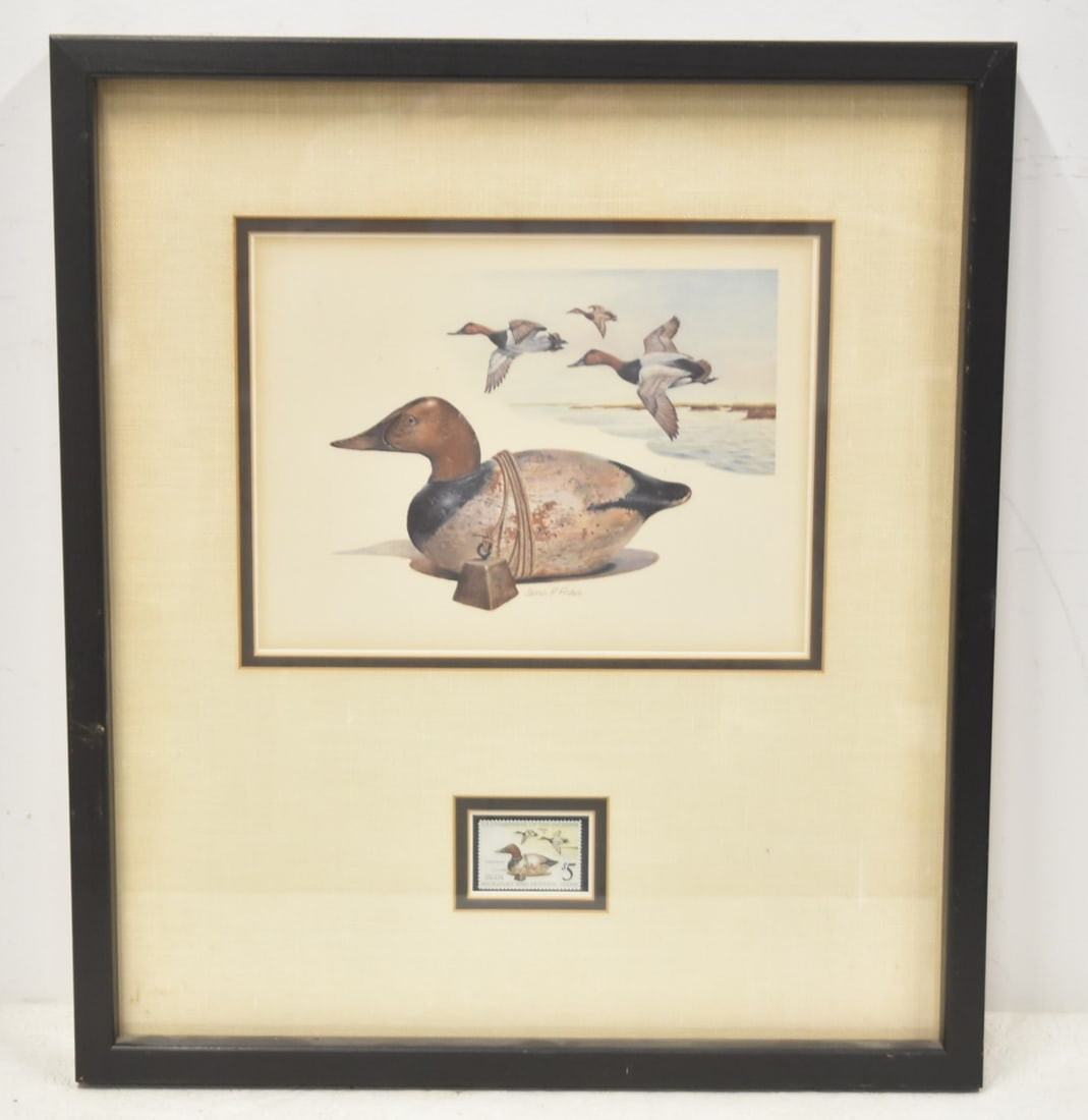 JAMES P FISCHER ARTIST SIGNED PRINT & STAMP: JAMES P FISCHER HAND SIGNED PRINT WITH STAMP OF CANVAS BARK DECOY ; BY THE US DEPARTMENT OF THE INTERIOR - 17 1/2" x 19 1/2" OVERALL