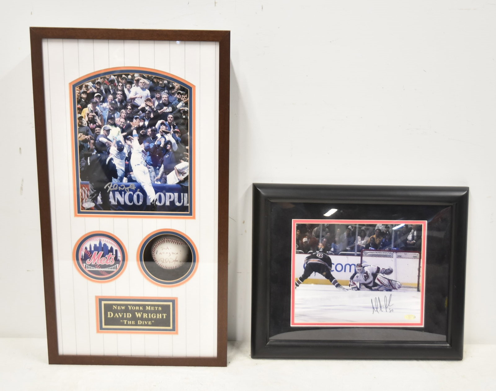 DAVID WRIGHT SIGNED COLLAGE / MARTIN BRODEUR: DAVID WRIGHT AUTOGRAPHED BASEBALL & PHOTO COLLAGE "INSCRIBED TO JOSH" ON BASEBALL ; WITH STEINER HOLOGRAM CERTIFICATE - 13" x 4" x 24" OVERALL / MARTIN BRODEUR AUTOGRAPHED 8" x 10" PHOTOGRAPH ; 16" x 