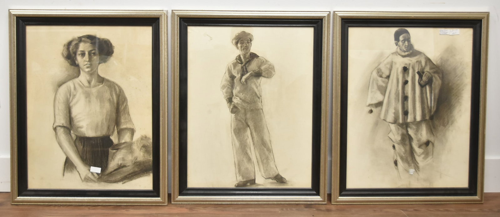 (3) ANTIQUE AMERICAN PENCIL DRAWINGS: (3) ANTIQUE AMERICAN PENCIL PORTRAIT DRAWINGS OF SAILOR , LADY & CLOWN ; UNSIGNED ; FROM UNDERCLIFF A PROMINENT MONT CLAIR NEW JERSEY HOME - 23" x 29" OVERALL FRAMED