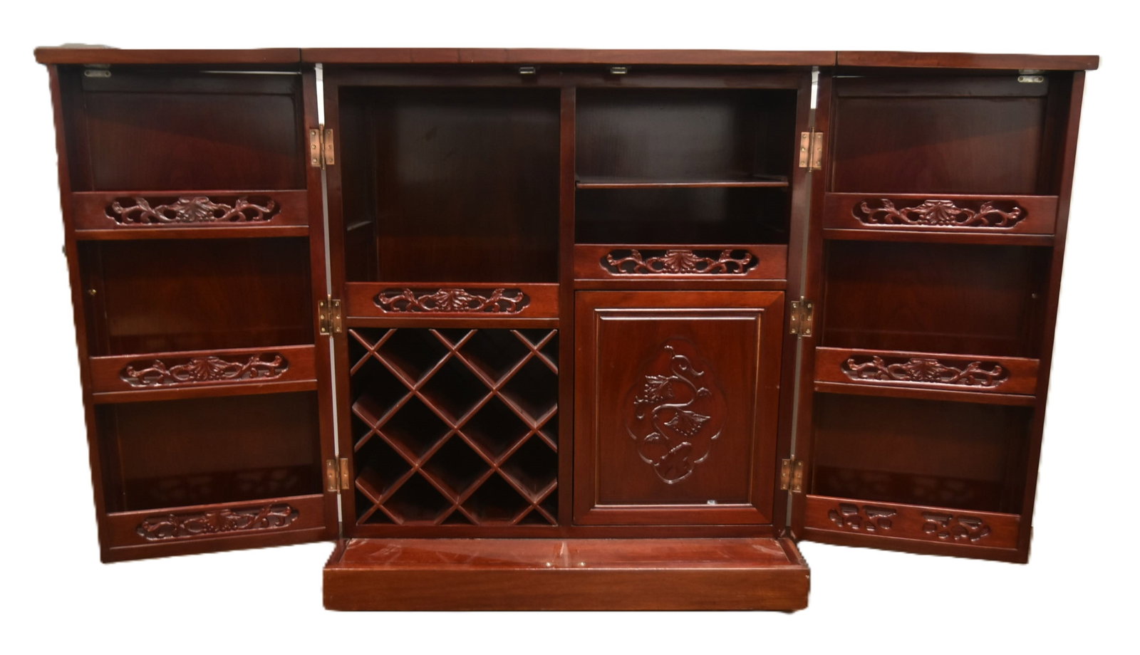 ASIAN CARVED TEAK BAR CABINET: ASIAN CARVED TEAKWOOD FOLDING BAR CABINET WITH RAISED CARVED PANELS - 36" x 19" x 43" CLOSED ; EACH LEAF IS 17 3/4" LONG
