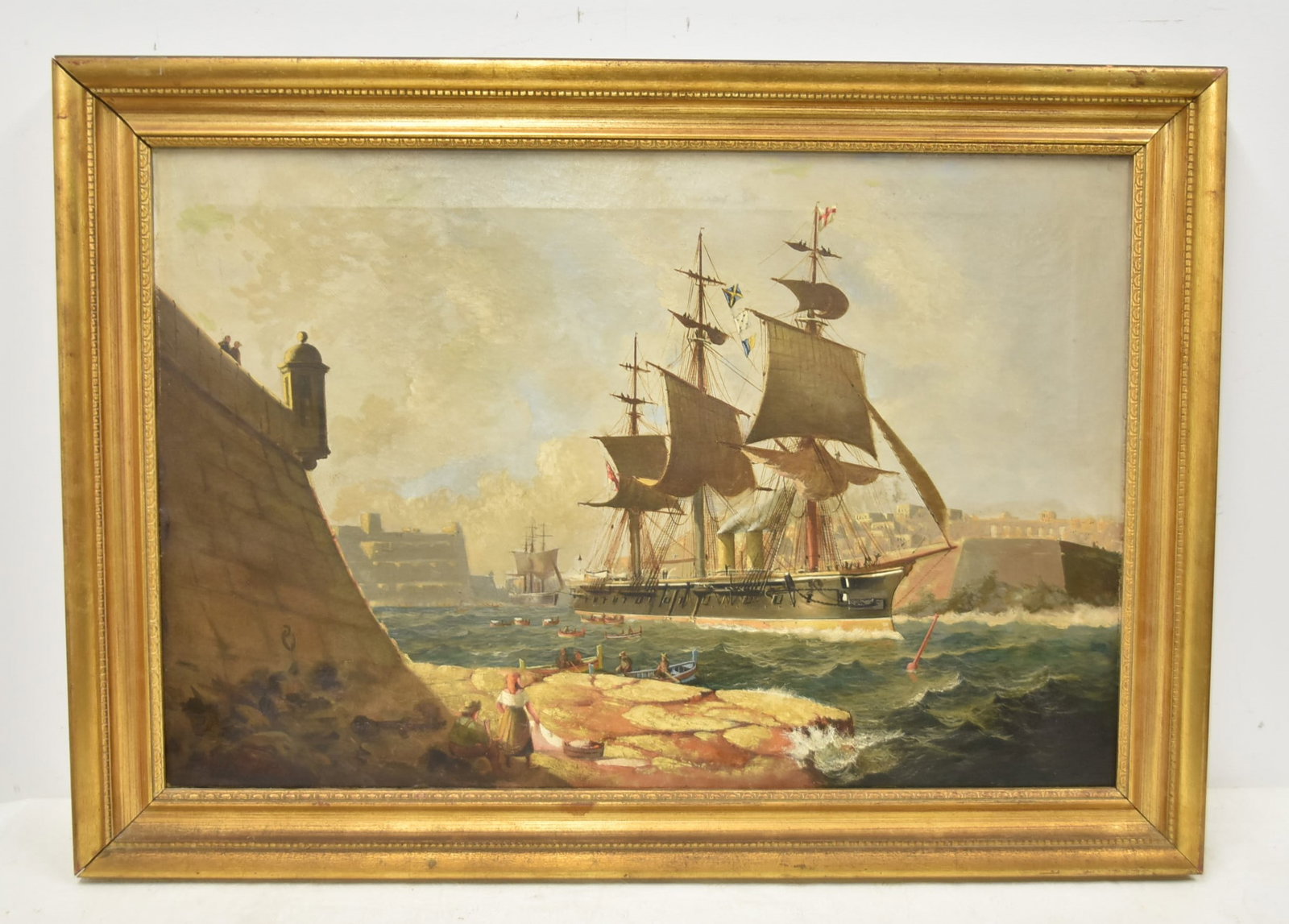 THOMAS WHITCOMBE , OIL ON CANVAS CLIPPER SHIP: THOMAS WHITCOMBE (BRITISH, 1752-1824) OIL ON CANVAS TALL SHIP BEING LOADED AT DOCK , SIGNED THOS WHITCOMBE , LOWER LEFT ; ON LONDON CANVAS - 30" x 20" ; 35" x 25" OVERALL FRAMED (FEW MENDS ON CANVAS)