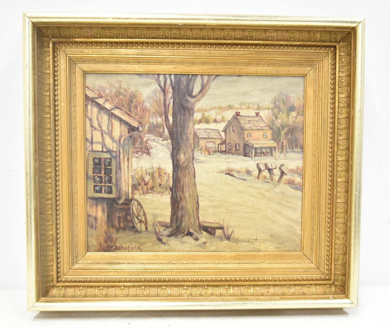 WALTER ELMER SCHOFIELD , OIL ON BOARD WINTRY SCENE: WALTER ELMER SCHOFIELD (AMERICAN, 1867-1944) OIL ON BOARD WINTRY VILLAGE LANDSCAPE , SIGNED W SCHOFIELD , LOWER LEFT - 10" x 12" ; 17 1/2" x 15 1/2" IN GILTWOOD SHADOW BOX FRAME