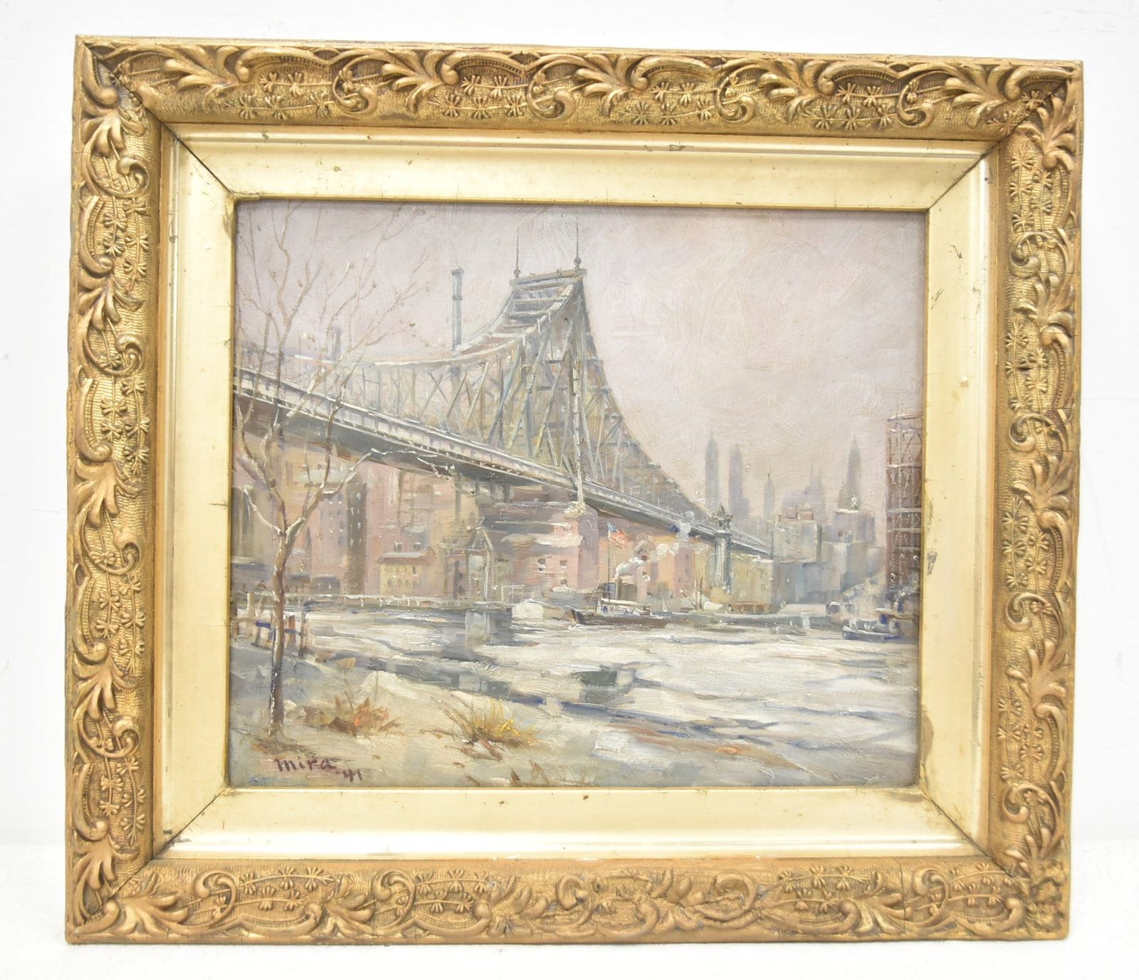 ALFRED MIRA , OIL ON PANEL QUEENSBORO BRIDGE: ALFRED MIRA (AMERICAN, 1900-1980) OIL ON PANEL PAINTING DEPICTING THE VIEW OF THE QUEENSBORO BRIDGE FROM THE QUEENS SIDE WITH VIEW OF NYC SKYLINE , SIGNED MIRA , 41' PANEL SIZE IS 13 1/2" x 12" ; 18" 