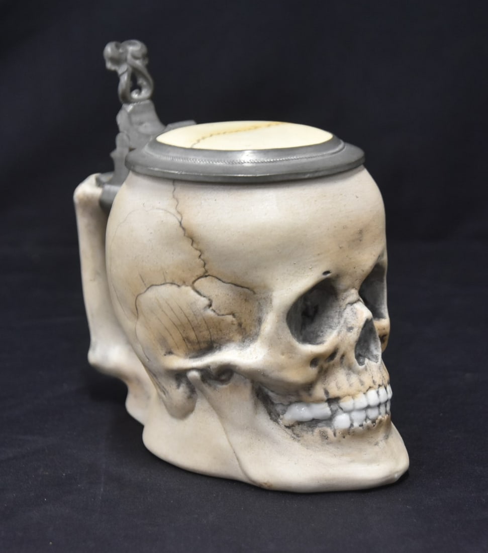 ERNST BOHNE SOHNE SKULL STEIN No. 8423: ERNST BOHNE SOHN BISQUE SKULL CHARACTER BEER STEIN 1/2 LITER SKULL STEIN WITH PEWTER MOUNTS - 6 1/2" x 4" x 6" ; (NO FACTORY MARKS ATTRIBUTED TO ERNST BOHNE SOHN # 8423 )