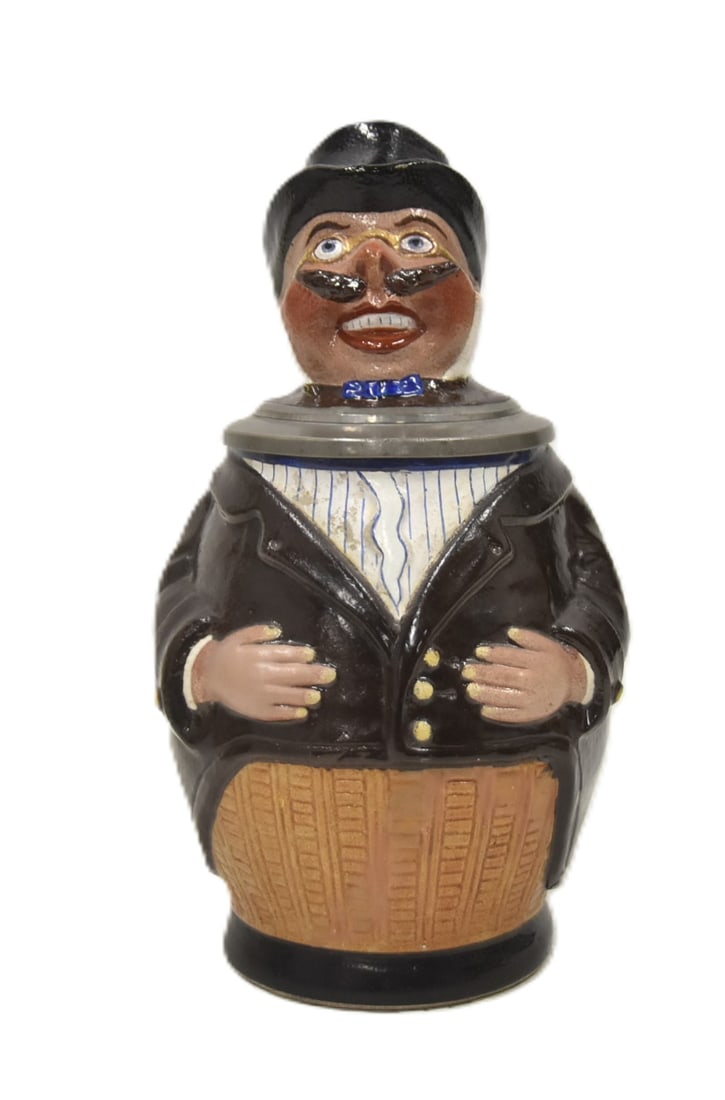 HR 97 RICH MAN PAINTED CHARACTER STEIN: HAUBER REUTHER HR No. 97 1/2L PAINTED STONEWARE RICH MAN CHARACTER STEIN ; ca 1886 5" x 4 1/2" x 7 1/2"