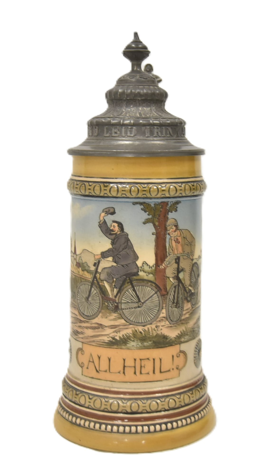 HR 438 ALL HEIL BICYCLE BEER STEIN: HAUBER REUTHER 438 , HR No. 438 "ALL HEIL" ; SAFE TRAVELS BICYCLERS 1/2 LITER BEER STEIN WITH PEWTER LID & 3 WHEEL BICYCLE THUMB LIFT 5 1/2" x 3 1/2" x 9 3/4"