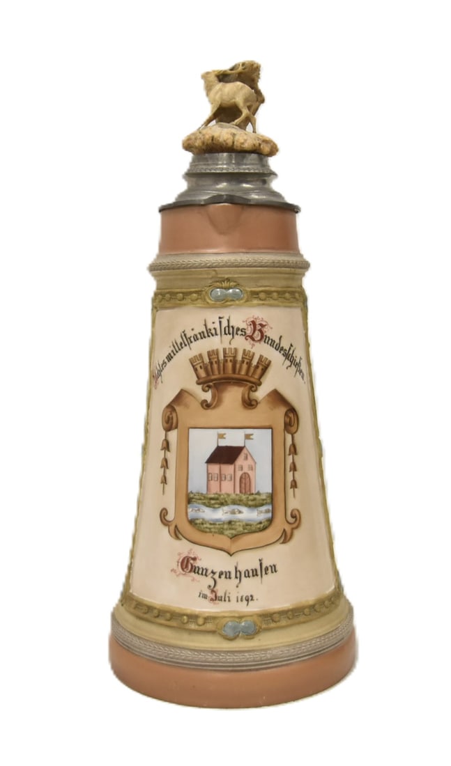 HAUBER & REUTHER 20 RARE SHOOTING TROPHY STEIN: HAUBER & REUTHER ; HR 20 2-3 LITER ? AWARD TROPHY AWARD STEIN FOR THE 8TH EVEN IN A STATE MITTEL FRANKISH SHOOTOUT ; GUIEZEN HAUSEN TOWN JULY 1892 ; WITH CARVED BONE DEER ANTLER FINIAL & THUMB - 7" x 