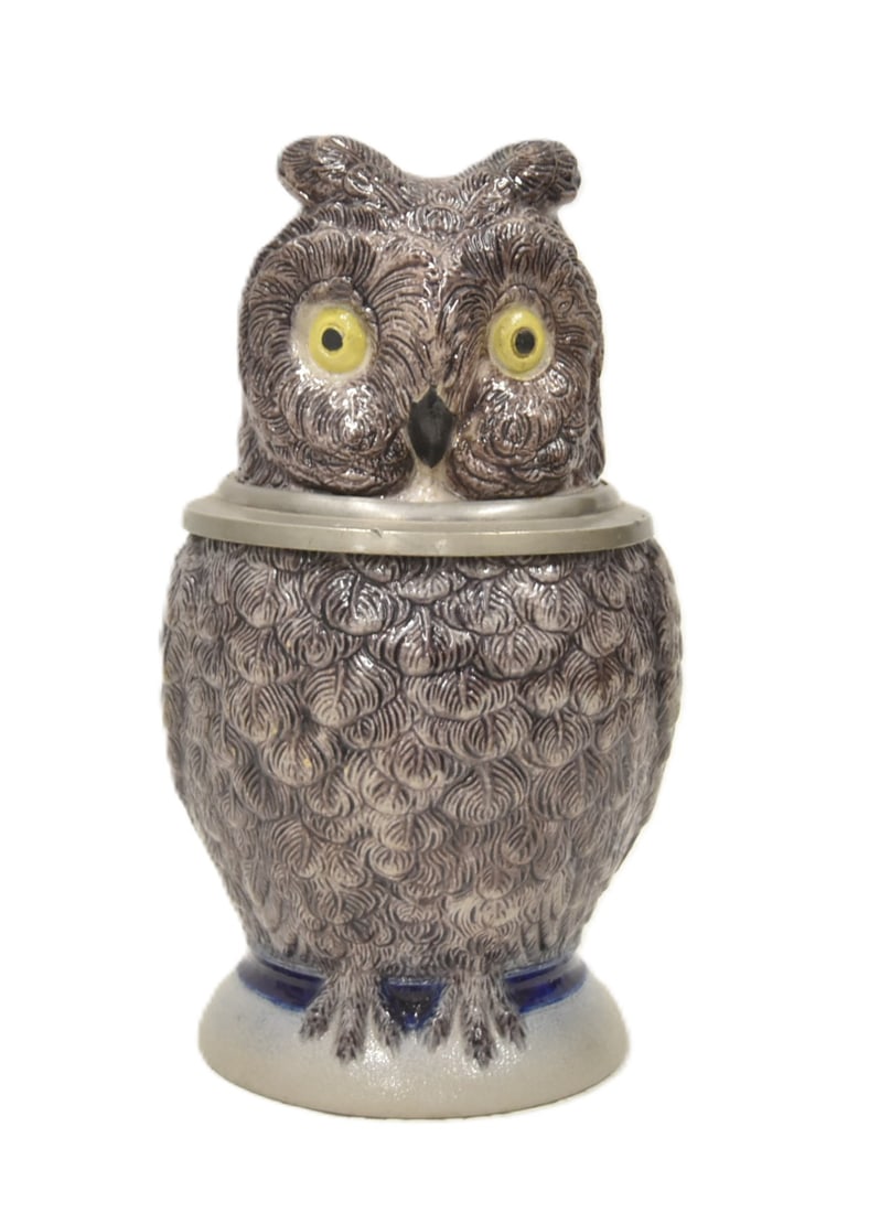 HR 64 OWL CHARACTER STEIN: HAUBER REUTHER HR No. 64 STONEWARE OWL CHARACTER STEIN 1/2 LITER ; INSCRIBED ON PEWTER LID "TUNKIE OSKAR" ; ca 1883 - 4 1/2" x 5 1/2" x 8"