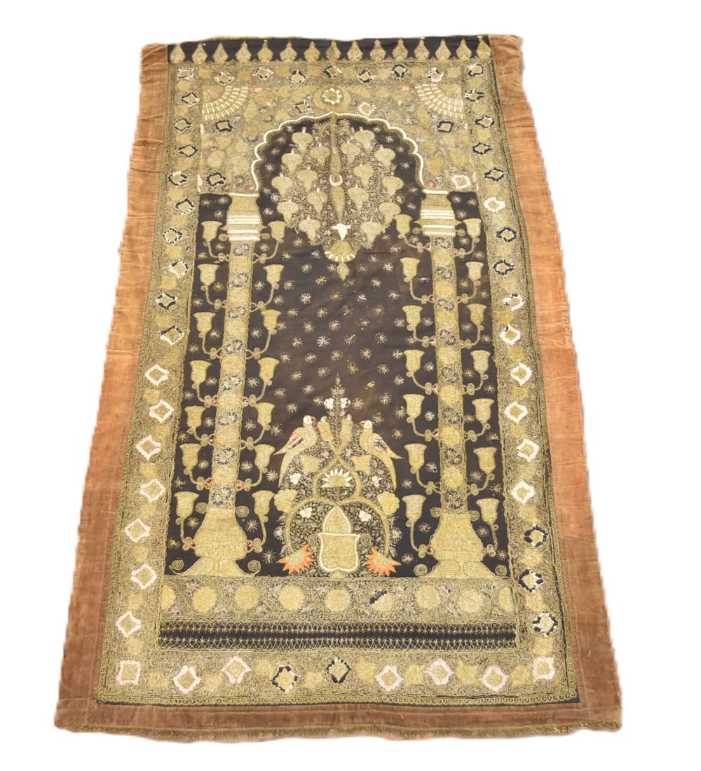 ANTIQUE SILVER THREAD WALL HANGING: ANTIQUE TURKISH - PERSIAN SILVER THREAD EMBROIDERY WALL HANGING WITH BIRDS & ARCHWAY - 4' 3" x 7' 5"