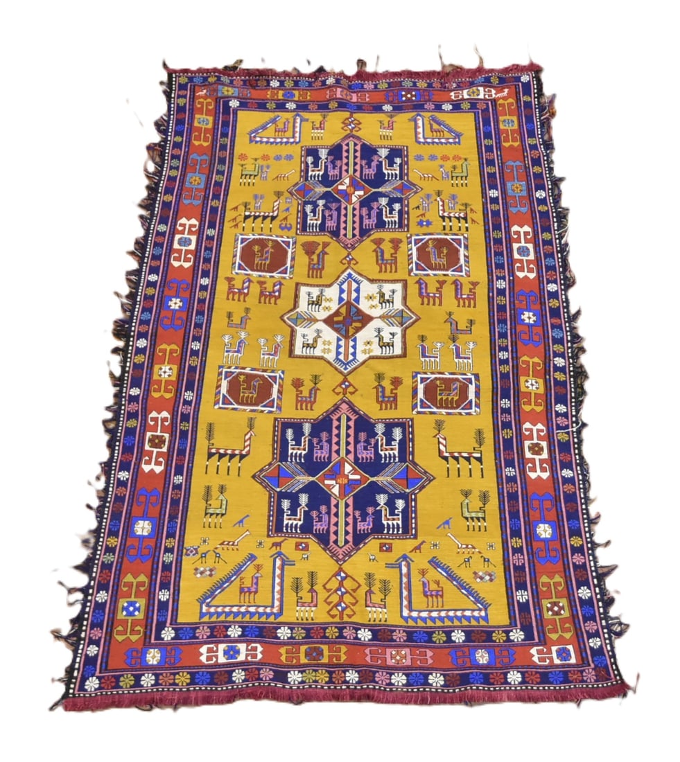 PERSIAN TRIBAL SILK SOUMAK CARPET: PERSIAN TRIBAL SILK SUMAK CAUCASIAN RUG - 4' 5" x 7'