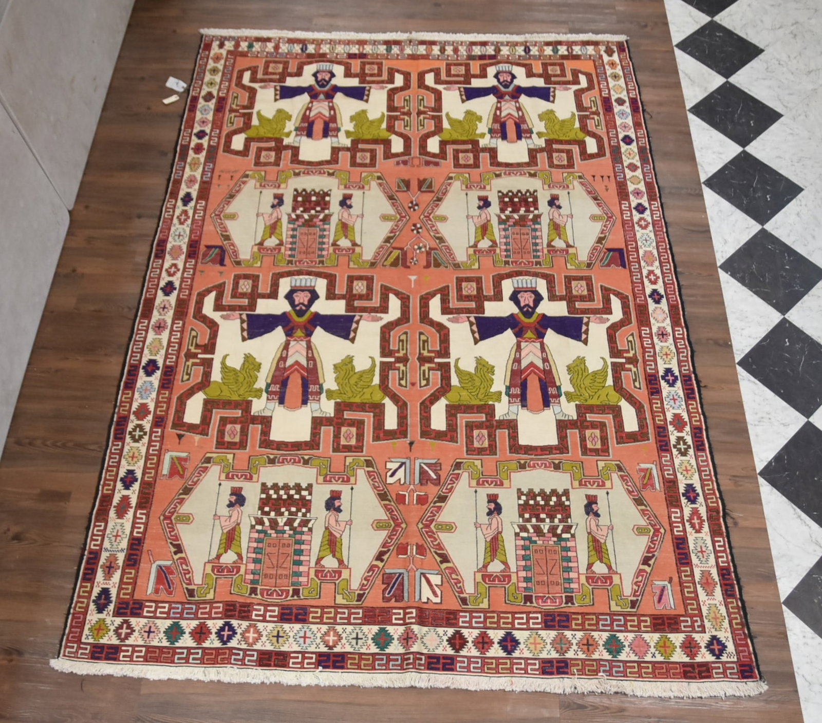 TURKISH 7' x 9' SUMAK PICTORIAL CARPET: TURKISH SOUMAK PICTORIAL RUG WITH KINGS & LIONS - ACTUAL SIZE 6' 9' x 9' 5"