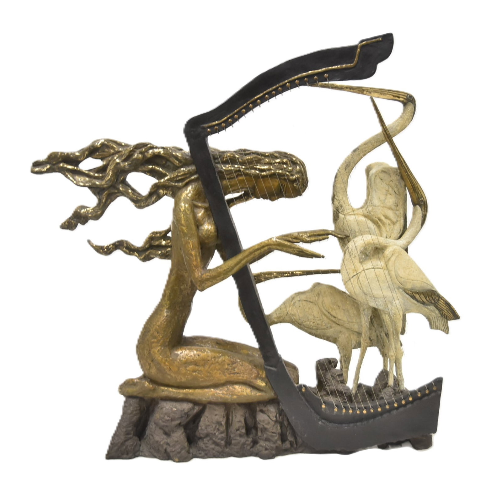 TING SHAO KUANG , BRONZE SCULPTURE HARMONY: TING SHAO KUANG (CHINESE b. 1939) LARGE COLD PAINTED BRONZE SCULPTURE "HARMONY", DEPICTING FEMALE NUDE PLAYING HARP WITH (2) STORKS , SIGNED TING SHAO KUANG ; WITH SEGAL FINE ART FOUNDRY -24" x 9" x 2