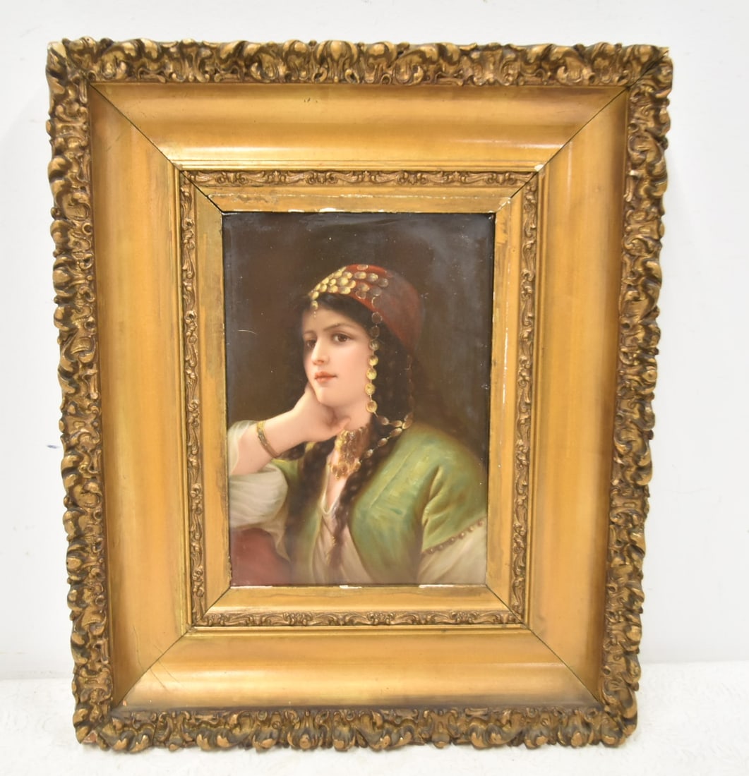 HAND PAINTED GERMAN PORCELAIN "ODALISKE" PLAQUE: AFTER GUSTAV KARL LUDWIG RICHTER (GERMAN, 1823-1884) ANTIQUE 19th CENTURY HAND PAINTED GERMAN PORCELAIN PORTRAIT PLAQUE , TITLED ODALISKE ,DEPICTING A TURKISH CHAMBER MAID ATTENDANT IN THE OTTAMANS SU