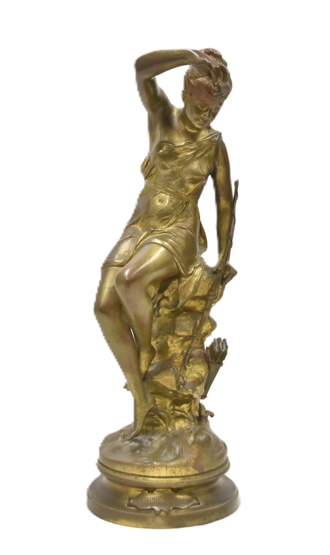 LUCIE SIGNORET LEDIEU , BRONZE DIANA SCULPTURE: Lucie Signoret-Ledieu. (French, 1858-1948) BRONZE SCULPTURE , TITLED NYMPHE de DIANA , NYMPHE OF DIANA SIGNED Mme SIGNORET LEDIEU RECOMPENSEE AU SALON 6" x 18" OVERALL (SOME OVERALL PATINA RUBBING & D