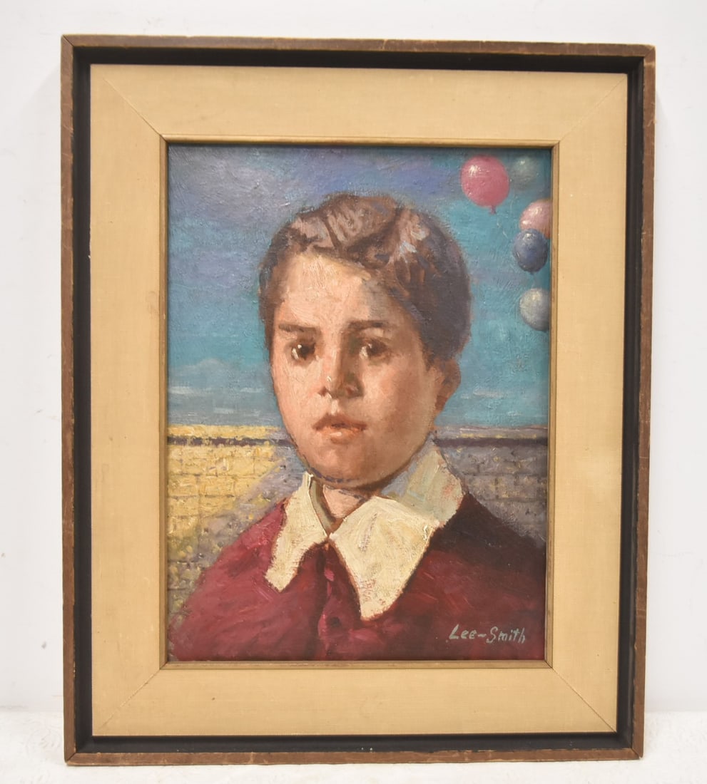 HUGHIE LEE SMITH , OIL ON BOARD BOY WITH BALLOONS: HUGHIE LEE SMITH (AMERICAN, 1915-1999) OIL ON BOARD PORTRAIT OF YOUNG BOY WITH BALLOONS , SIGNED LEE - SMITH , LOWER RIGHT ; OIL IS 9" x 12" ; OVERALL FRAMED IS 13" x 16"