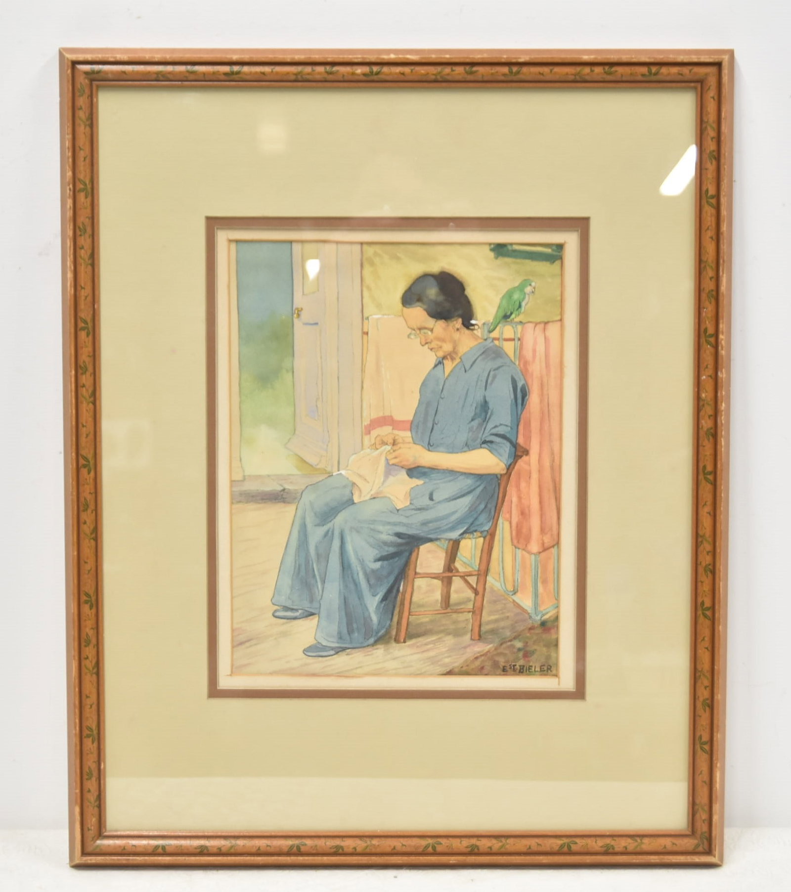 ERNEST BIELER , WATERCOLOR ON PAPER: ERNEST BIELER (SWISS, 1863-1948) WATERCOLOR ON PAPER PORTRAIT OF LADY SEATED WITH BIRD PERCHED BEHIND HER , SIGNED LOWER RIGHT - 8 1/2" x 11 1/2" OVERALL
