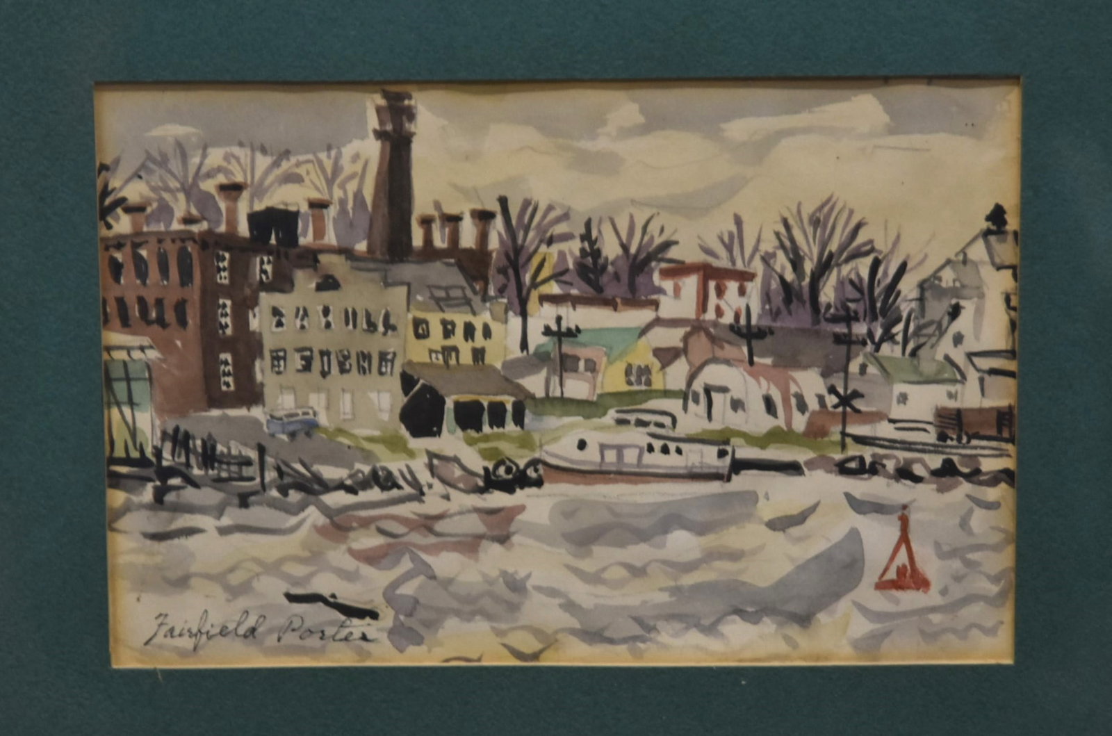 FAIRFIELD PORTER , WATERCOLOR ON PAPER: FAIRFIELD PORTER (1907-1985) WATERCOLOR COASTAL VILLAGE LANDSCAPE , SIGNED FAIRFIELD PORTER - IMAGE SIZE IS 5" x 8" ; OVERALL IS 14 1/2" x 17 1/2"