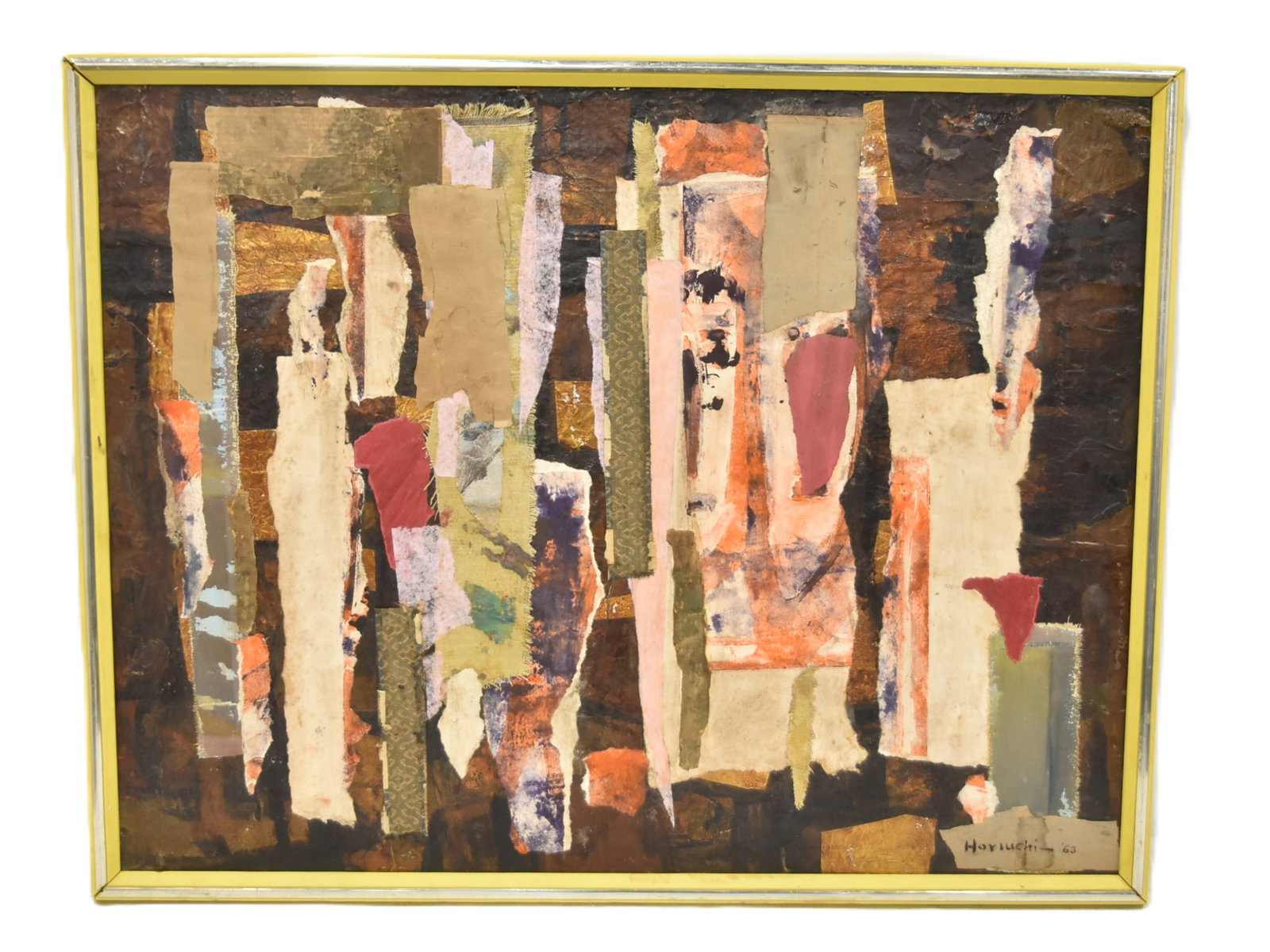 PAUL HORIUCHI CASINE COLLAGE ON BOARD: PAUL HORIUCHI (WASHINGTON, 1906-1999) CASEIN COLLAGE ON BOARD ABSTRACT COMPOSITION TITLED INVERSO " FALLING INTO GOLD" SIGNED P HORIUCHI , 63' , LOWER RIGHT 27 1//2" x 21 1/2" OVERALL