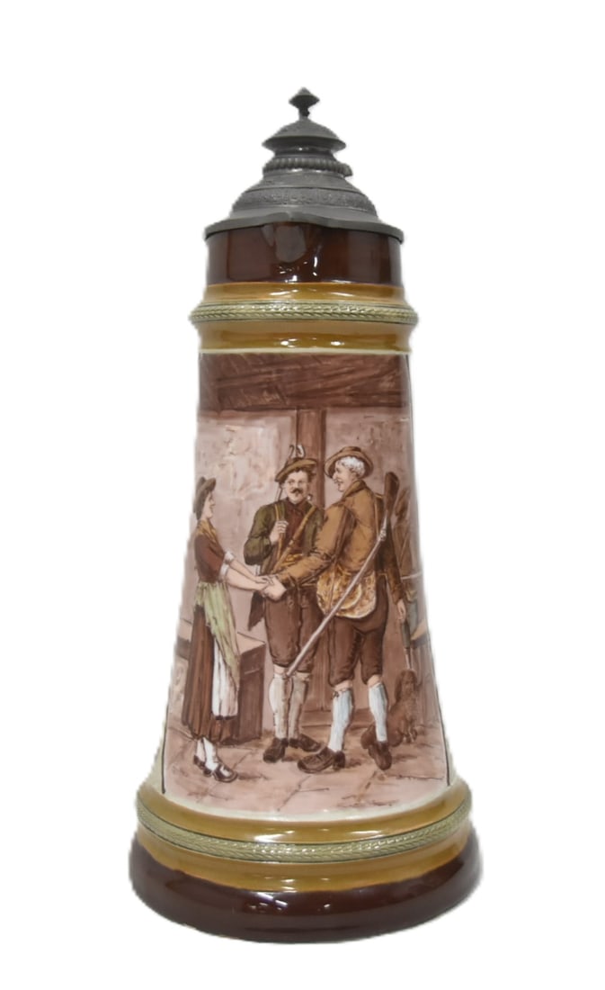 HR 255 3-LITER GOING HUNTING PUG EWER STEIN: HAUBER & REUTHER ; HR 255 3-LITER PAINTING UNDER GLAZE STEIN FAREWELL BEFORE THE HUNT , ca 1882-1910 6 1/2" x 7" x 15 1/2"