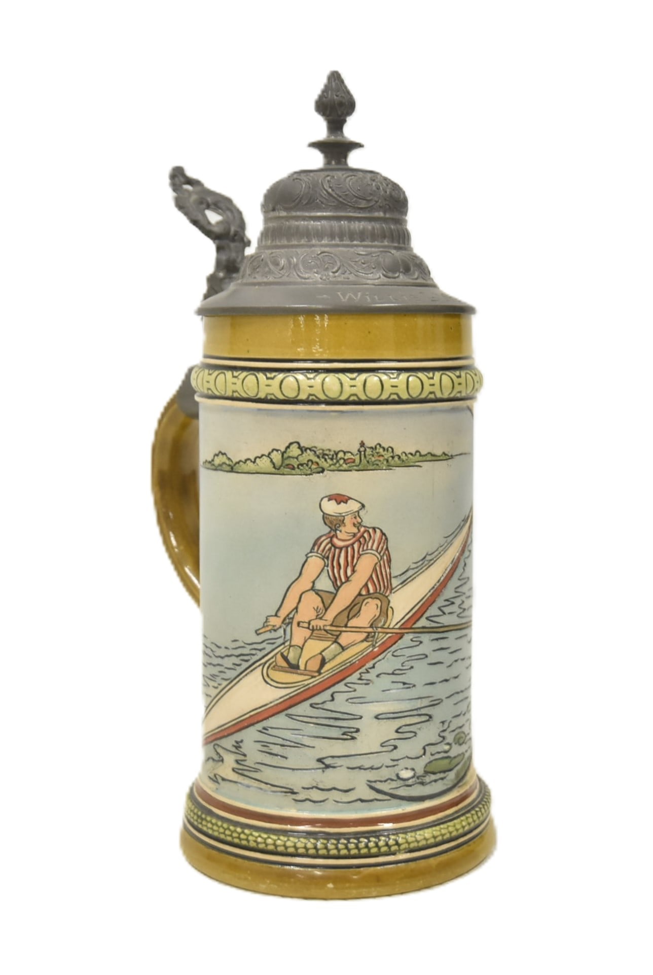 HR 1003 SKULL RACER STEIN: HAUBER REUTHER No. 1003 ; H & R 1003 "THE WAVES" SKULL RACER 1/2 LITER BEER STEIN WITH INSCRIPTION "Caress the slender boat, happiness! happiness! on the reflecting course" ; WITH WILLIE G WEST NAME I