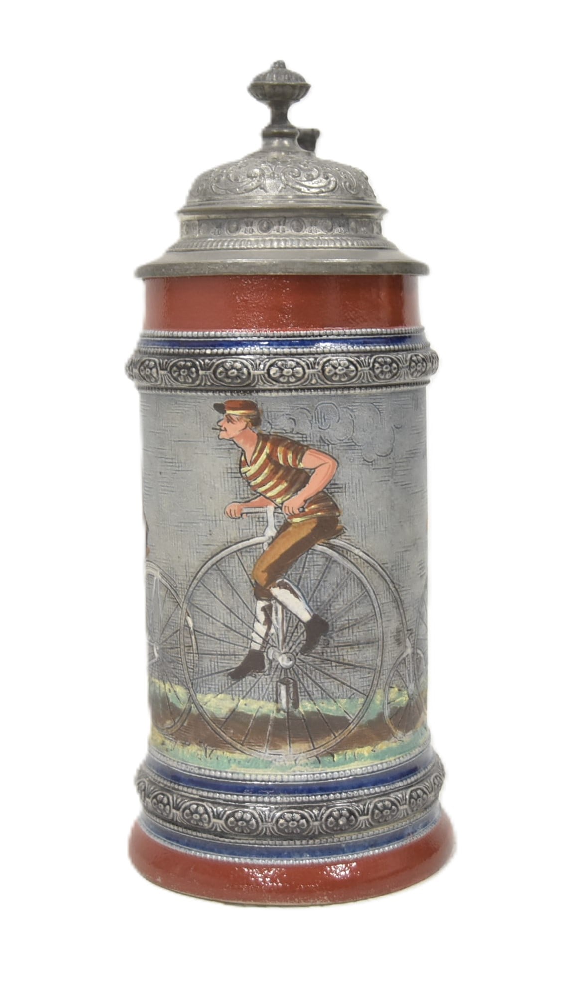 HR 166 1/2L BICYCLE STEIN: HAUBER REUTHER No. 166 , HR 166 HI WHEEL BICYCLERS STEIN 1/2 LITER WITH PEWTER MOUNTS 5 1/4" x 4" x 9 1/2"