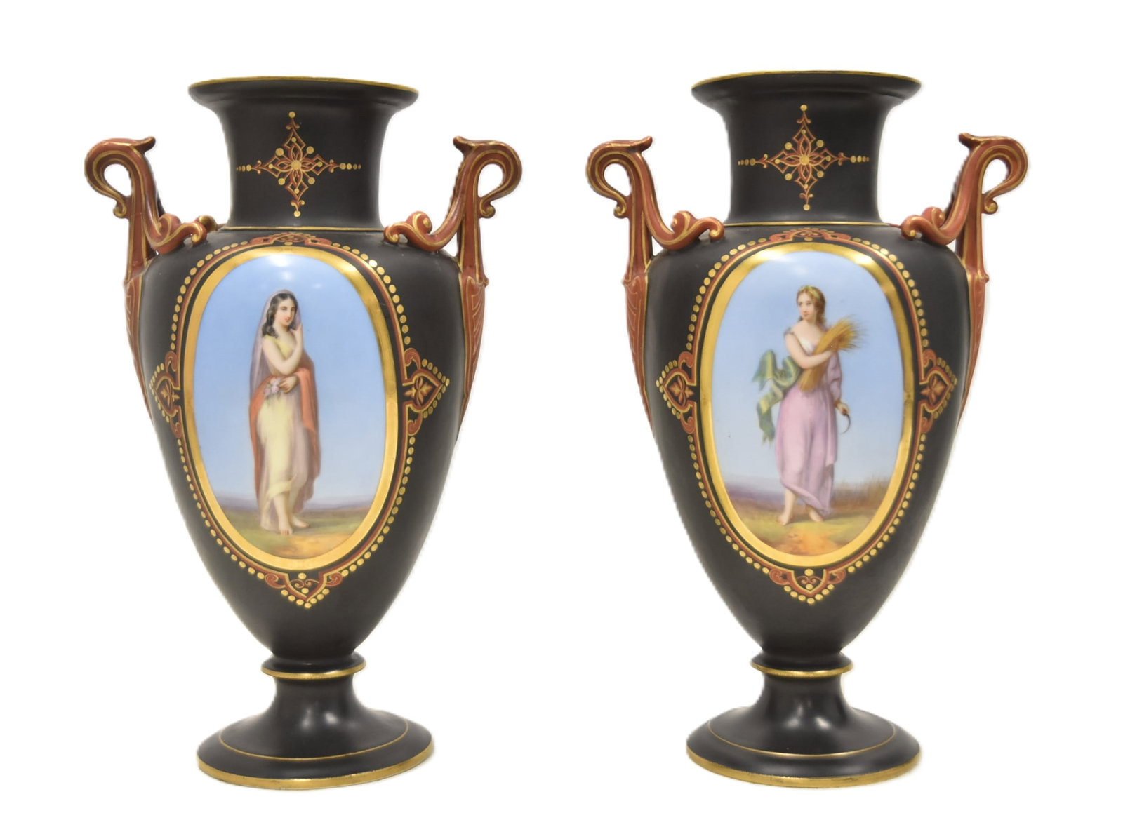 (Pr) ANTIQUE PARIS PORCELAIN PORTRAIT VASES: PAIR ANTIQUE PARIS PORCELAIN PORTRAIT VASES WITH FINE FULL BODIED PORTRAIT MEDALLIONS OF LADIES SURROUNDED BY ENAMEL JEWELS OVER BLACK GROUND WITH RED TWIN HANDLES - 9" x 5" x 13 1/2" (2 HANDLES ON HA