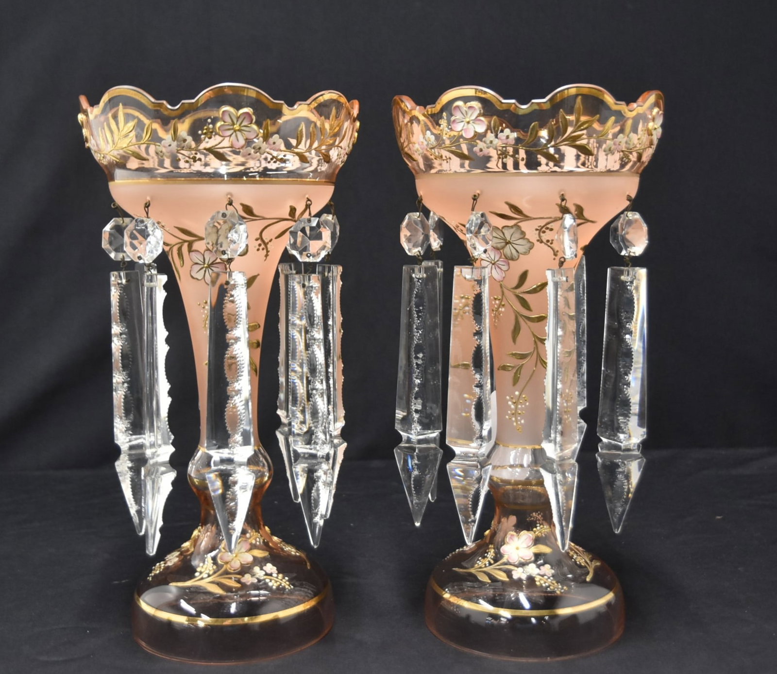 (Pr) PINK ENAMELED RUFFLED GLASS LUSTRES: (Pr) PINK RUFFLED GLASS LUSTRE CANDLESTICKS WITH RAISED ENAMEL FLOWERS & VINES HAVING LONG PRISMS - 6" x 12"