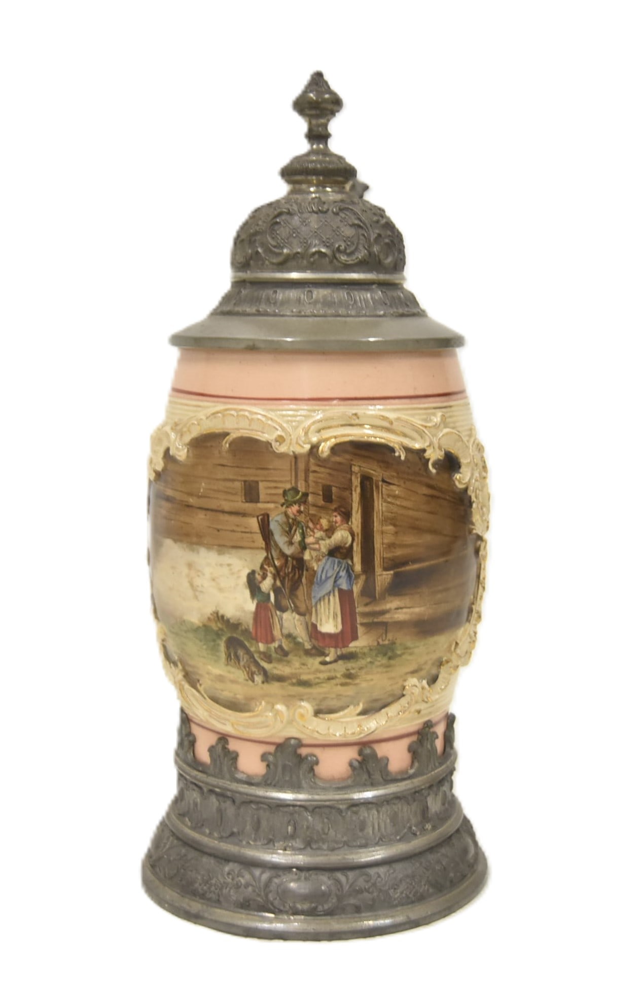 MERKLE BACK WICK 1165 STEIN: MERKLE BACK & WICK 1165 1/2 LITER GERMAN STEIN WITH HAND PAINTED MEDALLION OF MAN BIDDING FAREWELL TO HIS FAMILY ; WITH PEWTER MOUNTS 6" x 4" x 9 1/2"