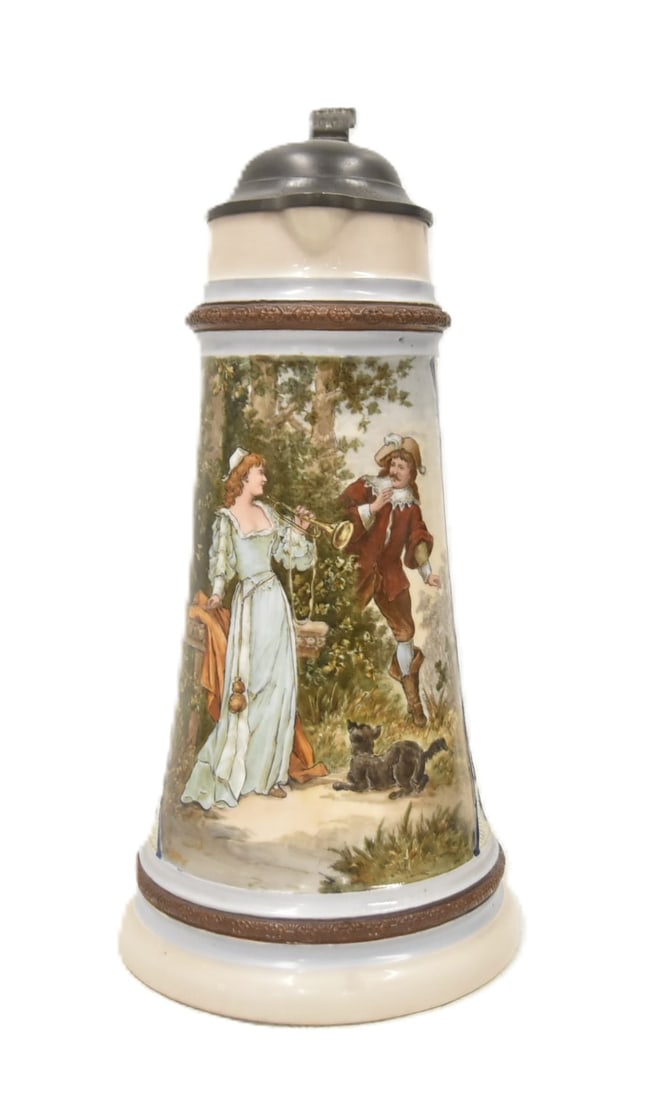 HR 250 "THE SURPRISE" HAND PAINTED TAPESTRY STEIN: HAUBER & REUTHER 250 ; HR 250 "THE SURPRISE" HAND PAINTED 2- 3 LITER STEIN WITH TAPESTRY SIDE ; WITH INSCRIPTION "DER TROMPETER VON SACKINGEN " BY CARL SCHWENINGER Jr ; 1854 - 1903 - 7 1/2" x 7" x 15"