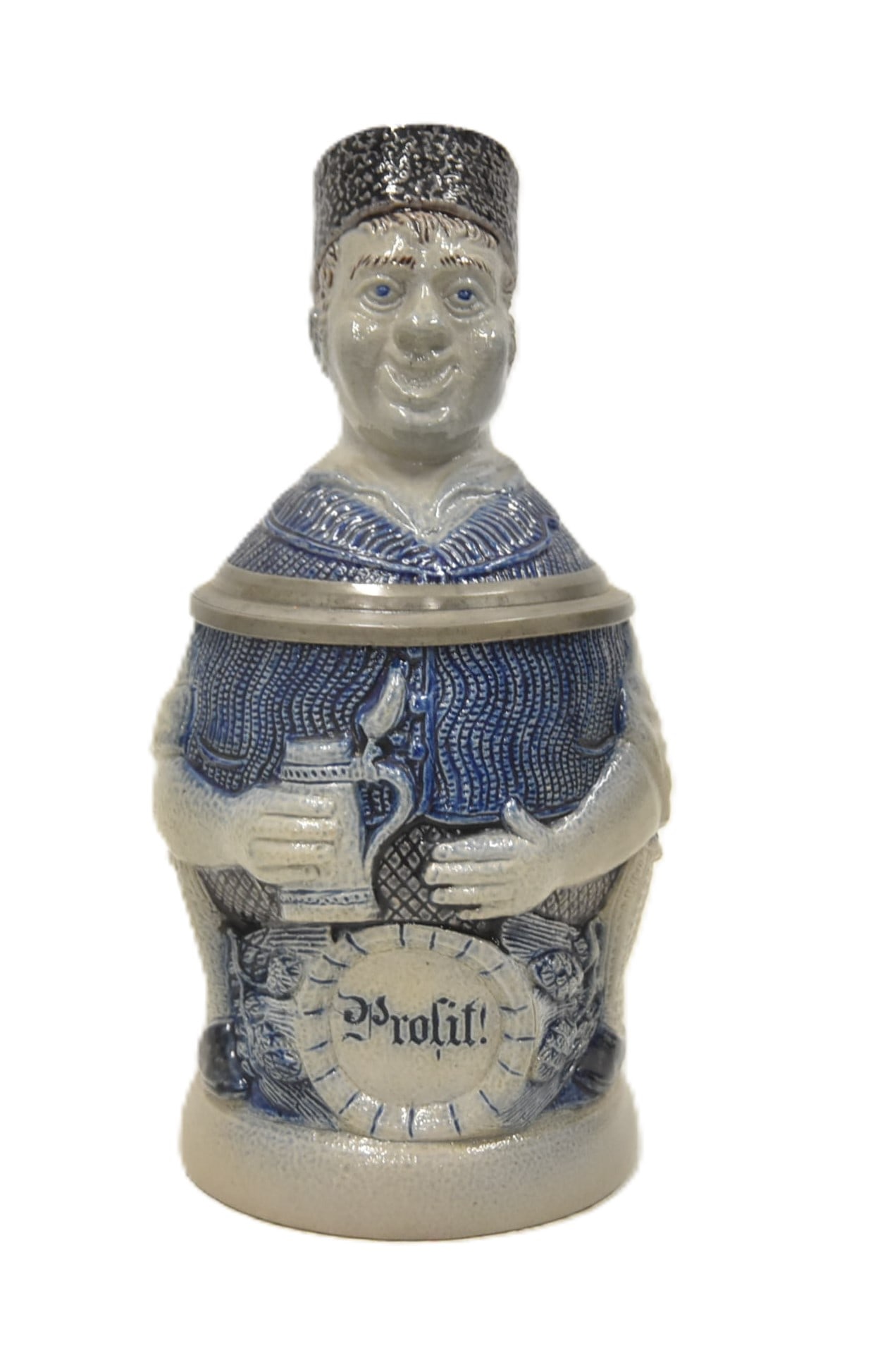 HR 63 STONEWARE CHARACTER STEIN DRINKER ON KEG: HAUBER REUTHER No. 63 1/2 LITER BLUE SALT GLAZE STONEWARE STEIN DRINKER ON BEER KEG CHARACTER STEIN 6" x 4" x 8 1/2"