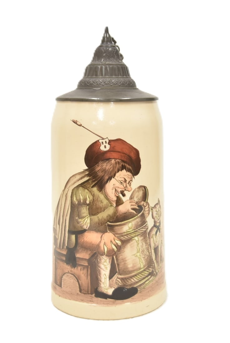 HR 143A DWARF PAINTING STEIN: HAUBER & REUTHER 143A 1 LITER STEIN WITH SCENE OF DWARF PAINTING STEIN WITH CAT BESIDE HIM - 5 1/2" x 3 1/2" x 9 1/2" (HAS FILLED HAIRLINE ON SIDE)