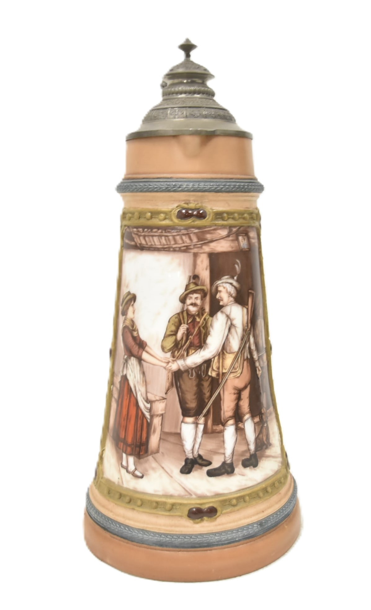 HAUBER & REUTHER 20 3-LITER EWER STEIN: HAUBER REUTHER ; HR 20 3-LITER STEIN WITH HAND PAINTED MEDALLION OF HUNTERS LEAVING WOMAN WITH PEWTER LID - 8" x 7" x 15" HAUBER REUTHER No. 20