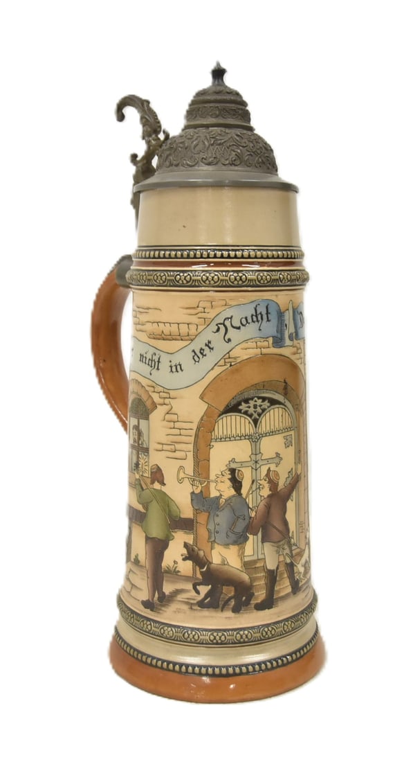 HR 434 2-LITER STUDENT SERENADE STEIN: HAUBER & REUTHER ; HR 434 2-LITER STUDENT SERENADE ETCHED STEIN WITH INSCRIPTION (Dont make too much noise in the night, the eye of the law is watching) 7" x 5" x 15"