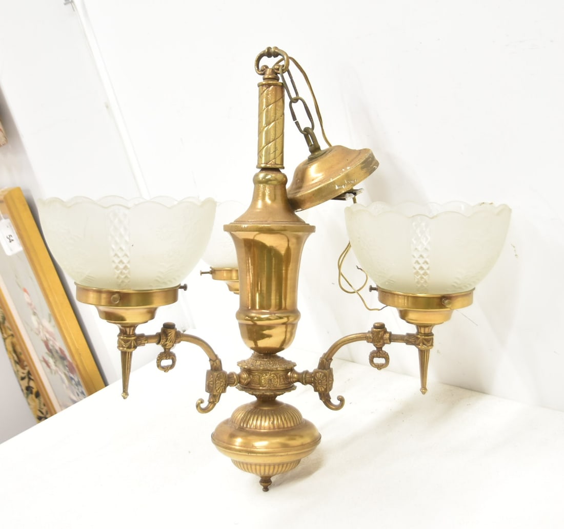 BRASS CHANDELIER WITH ETCHED GLASS SHADES: BRASS CHANDELIER WITH ETCHED GLASS SHADES - 22" x 20"