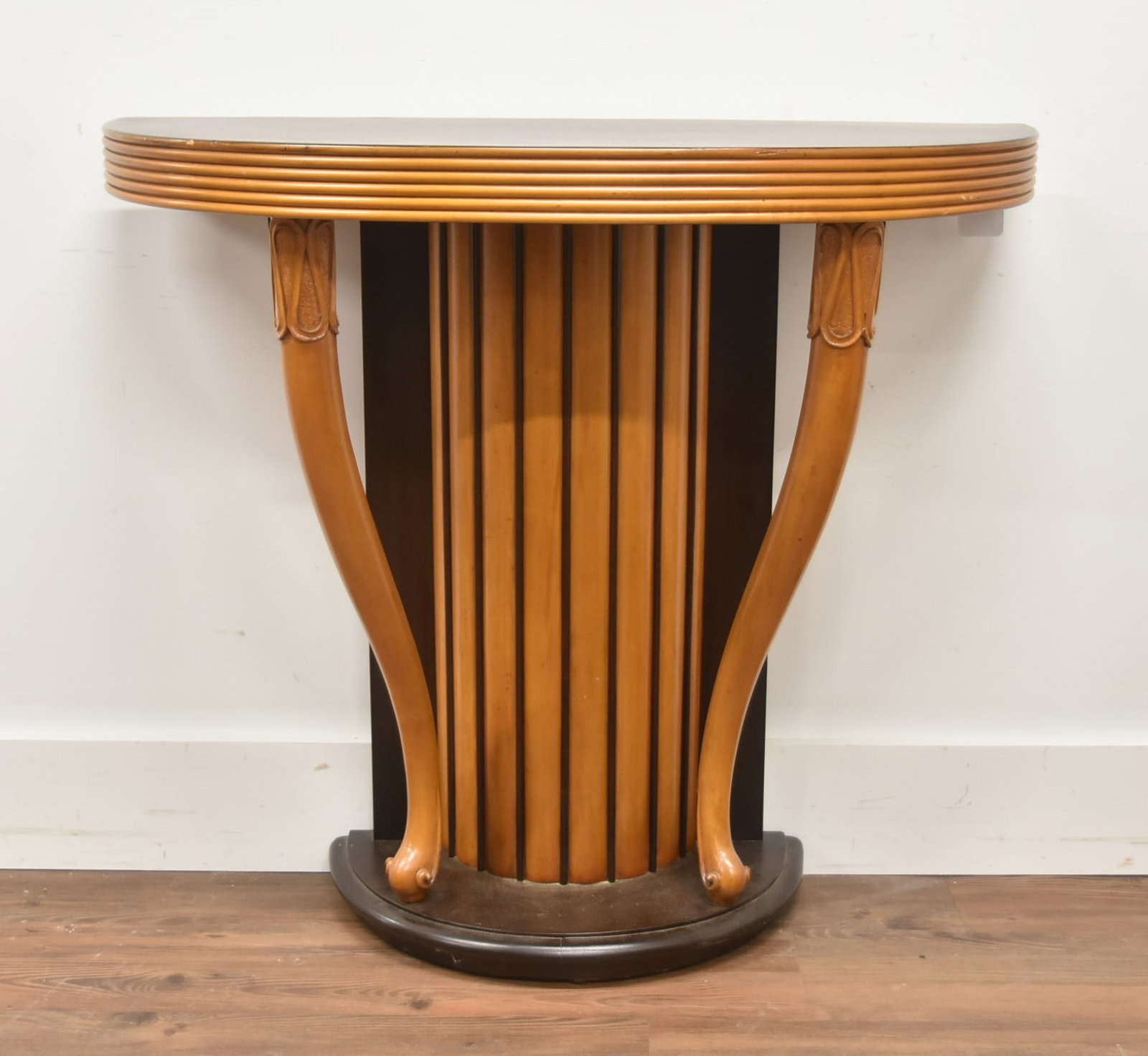 MID CENTURY ITALIAN DEMILUNE CONSOLE: 2-TONE MID CENTURY ITALIAN STYLE DEMILUNE CONSOLE - 33" x 14 1/2" x 30"