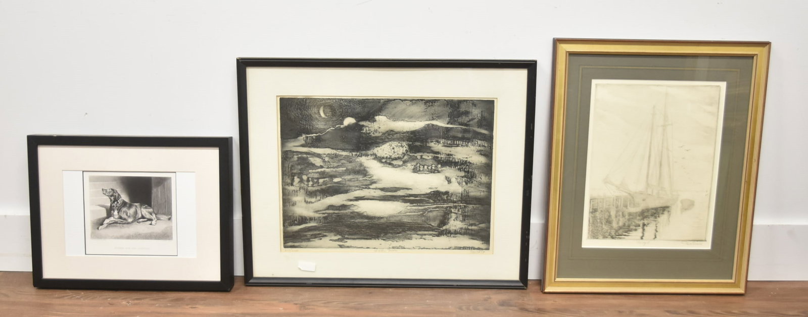 (3) ANTIQUE ETCHINGS & ENGRAVINGS: RUTH CYRIL (American, 1920-1988) HAND SIGNED AQUATINT , TITLED "WINTER MOON" , HAND SIGNED RUTH CYRIL , 59' ; NUMBERED 217/220 - 25" x 20 OVERALL / DON SWANN TWILIGHT ETCHING - 18" x 22" OVERALL / EDW