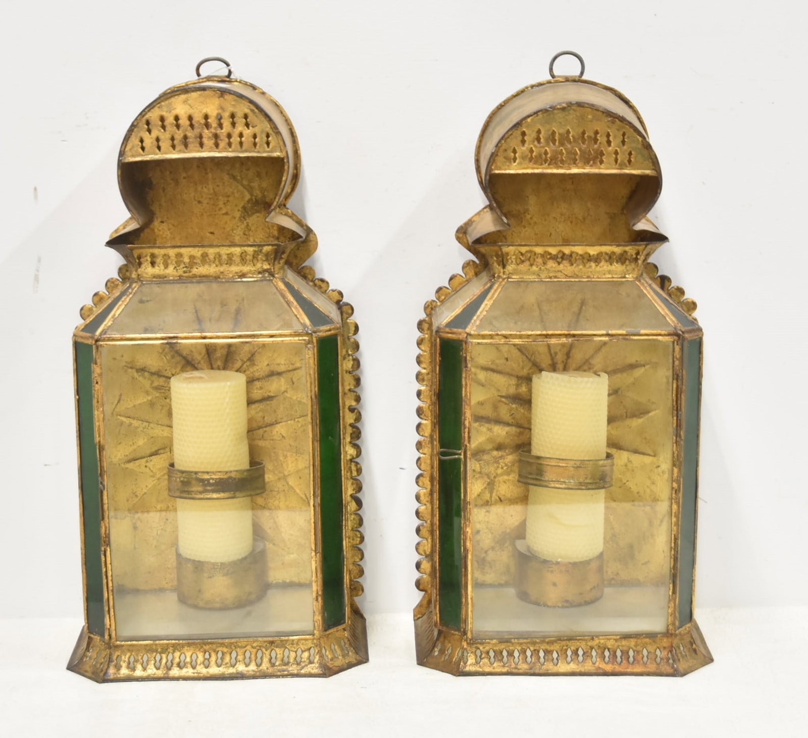 PAIR TOLE LANTERN CANDLE SCONCES: (Pr) TOLE LANTERN FORM CANDLE SCONCES WITH GREEN GLASS INSERTS - 10" x 5" x 18"