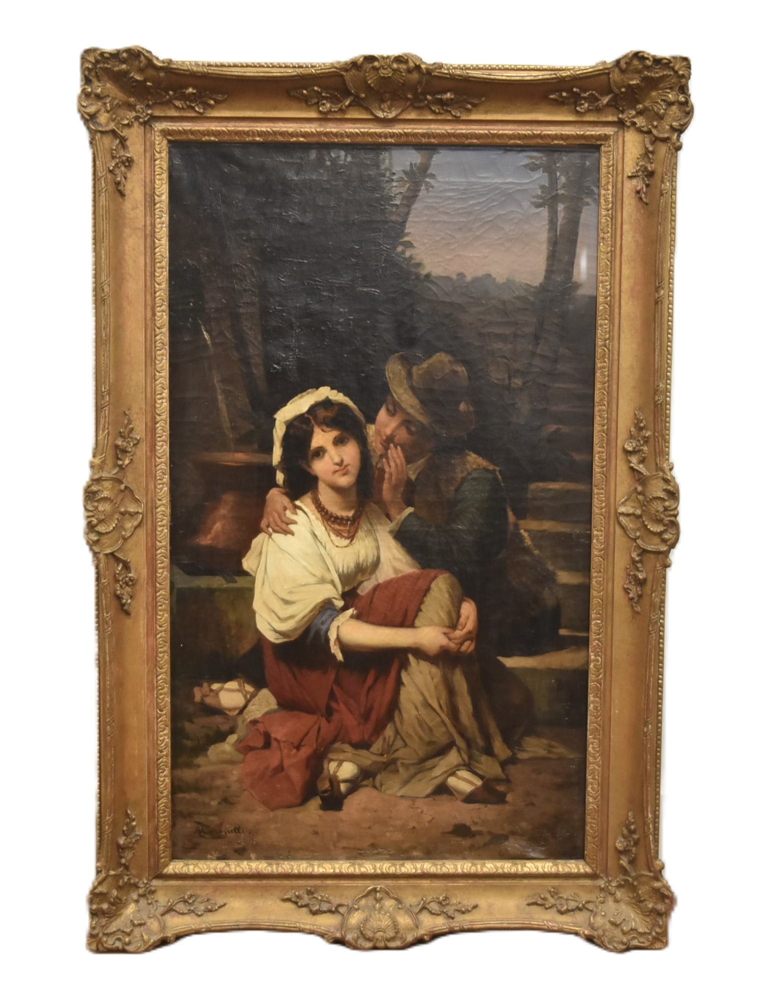 19thC OIL ON CANVAS FIGURES EMBRACING: A. CORONELLI , 19th CENTURY OIL ON CANVAS PAINTING OF FIGURES EMBRACING , SIGNED A CORONELLI , LOWER LEFT - 21" x 36" ; 28" x 43" OVERALL