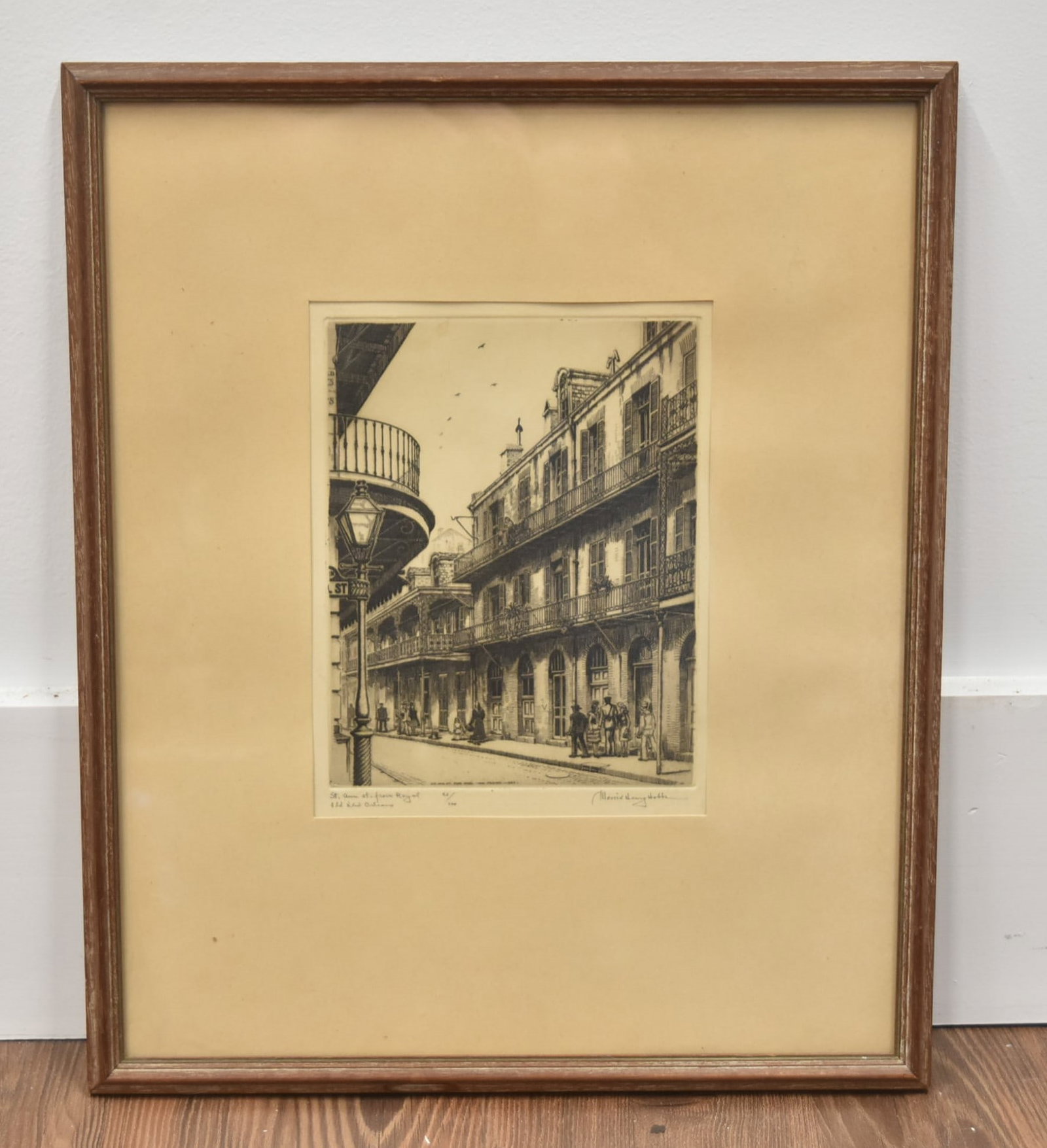MORRIS HENRY HOBBS OLD NEW ORLEANS ETCHING: MORRIS HENRY HOBBS (American, 1892-1967) OLD NEW ORLEANS ETCHING ON PAPER ; Titled: St. Ann from Royal St., Old New Orleans IMAGE SIZE - 6" x 7 1/2" OVERALL FRAMED 12 1/2" x 15"