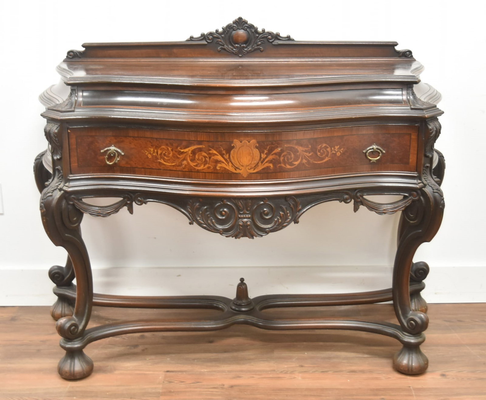 RENAISSANCE STYLE DARK WALNUT CARVED SERVER: ROCKFORD FURNITURE RENAISSANCE STYLE CARVED WALNUT SERVER CABINET WITH MARQUETRY INLAID SCROLLWORK - 49" x 22" x 40" (FEW MARKS ON TOP)
