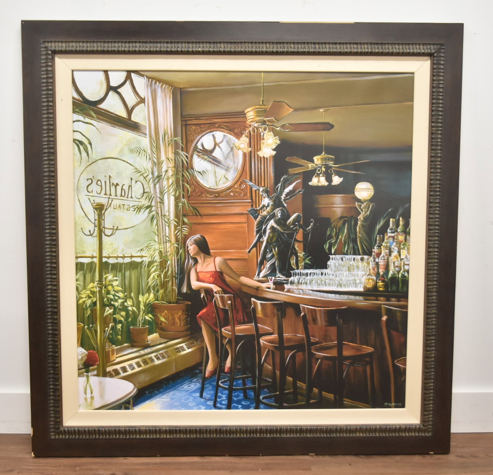 HARRY McCORMICK , GICLEE ON CANVAS INTERIOR SCENE: HARRY McCORMICK (AMERICAN, b. 1942) GICLEE ON CANVAS WOMAN AT CHARLIES RESTUARANT BAR LOOKING OUT WINDOW , SIGNED McCORMICK - 39" x 39 1/2" ; 50" x 51" OVERALL