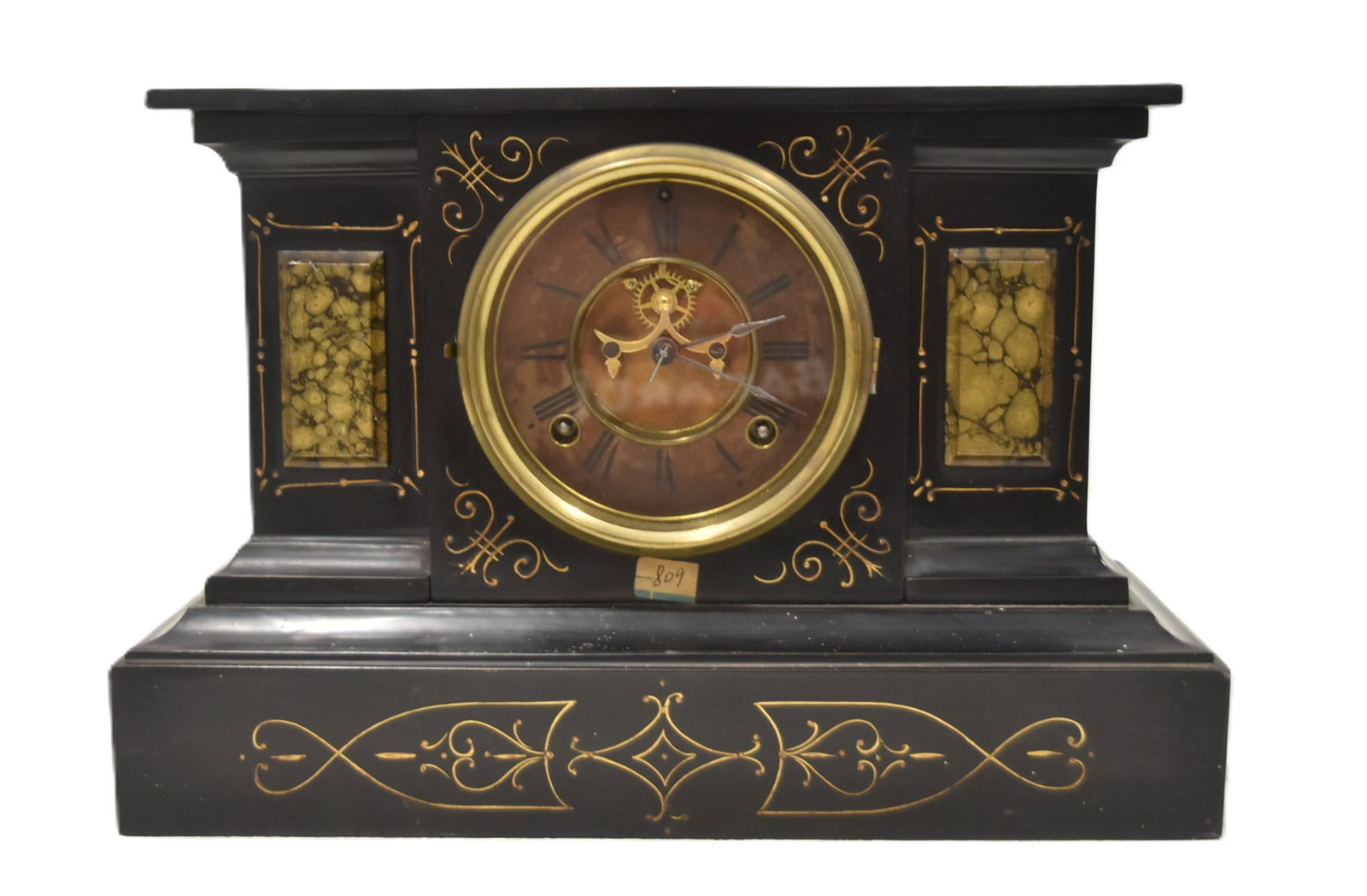 ANSONIA FAUX MARBLE MANTEL CLOCK: ANSONIA BLACK METAL MANTEL CLOCK WITH MARBELIZED GREEN PANELS & ETCHED DESIGNS - 15" x 6" x 10"